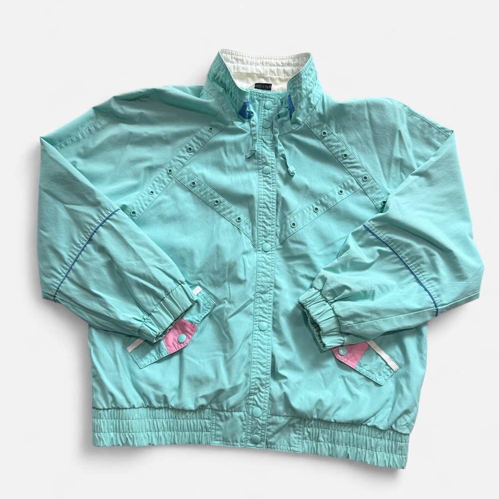 Vintage 90s New York Girl aqua windbreaker jacket with pink accents size L